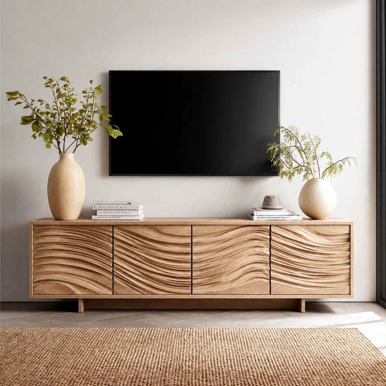Artisan Wave Natural Solid Wood TV Stand with Sculpted Storage Doors - Livewoodcraft - 8
