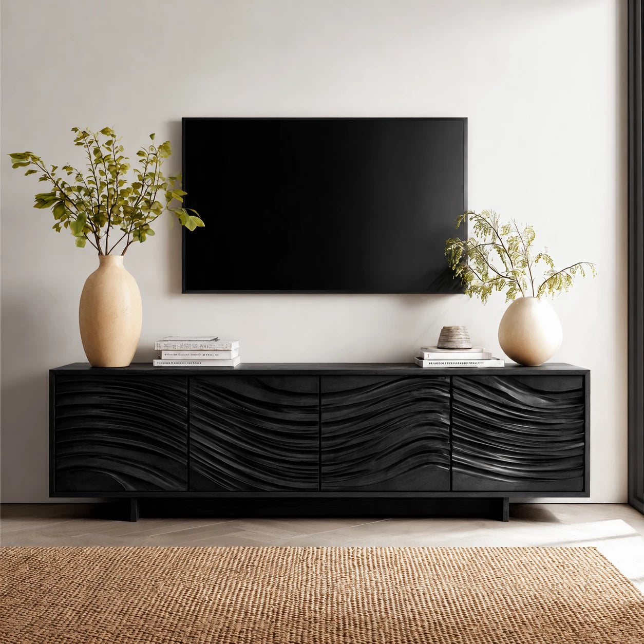Artisan Wave Natural Solid Wood TV Stand with Sculpted Storage Doors - Livewoodcraft - 9