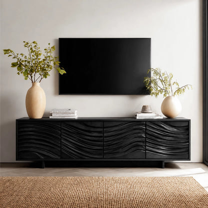 Artisan Wave Natural Solid Wood TV Stand with Sculpted Storage Doors - Livewoodcraft - 9