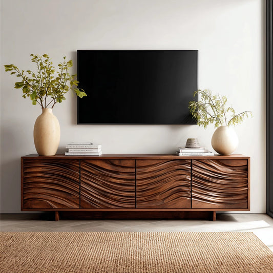 Artisan Wave Natural Solid Wood TV Stand with Sculpted Storage Doors - Livewoodcraft