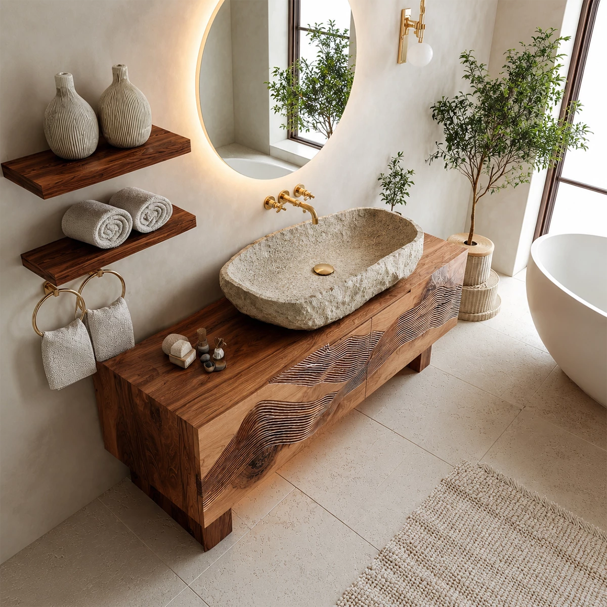 Artistic Bathroom Vanity with Layered Wave Carved Front in Natural Solid Wood - Livewoodcraft - 10