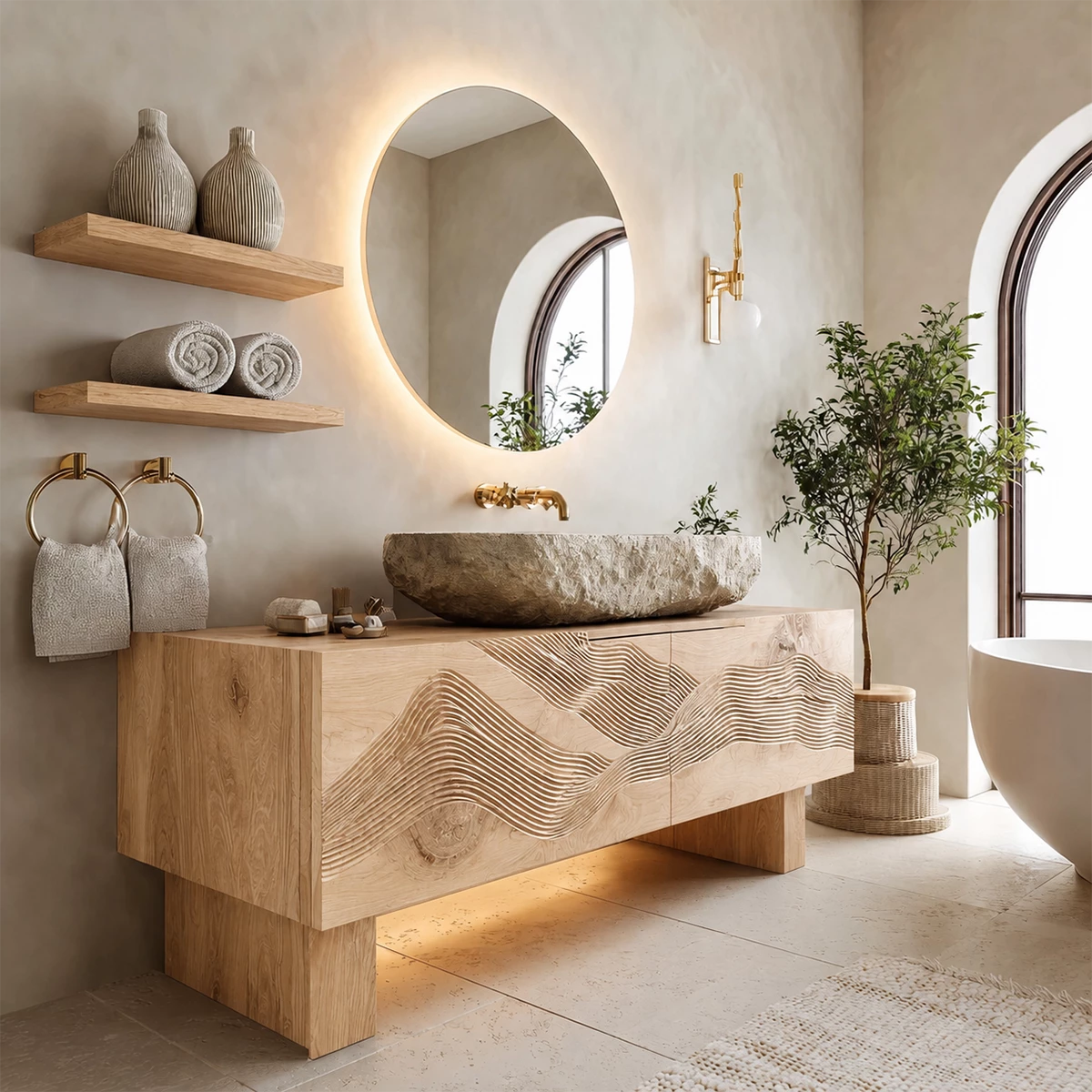 Artistic Bathroom Vanity with Layered Wave Carved Front in Natural Solid Wood - Livewoodcraft - 2