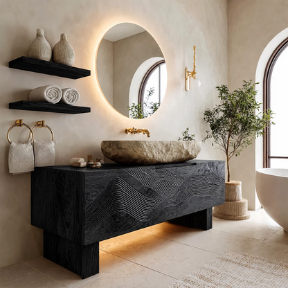 Artistic Bathroom Vanity with Layered Wave Carved Front in Natural Solid Wood - Livewoodcraft - 3