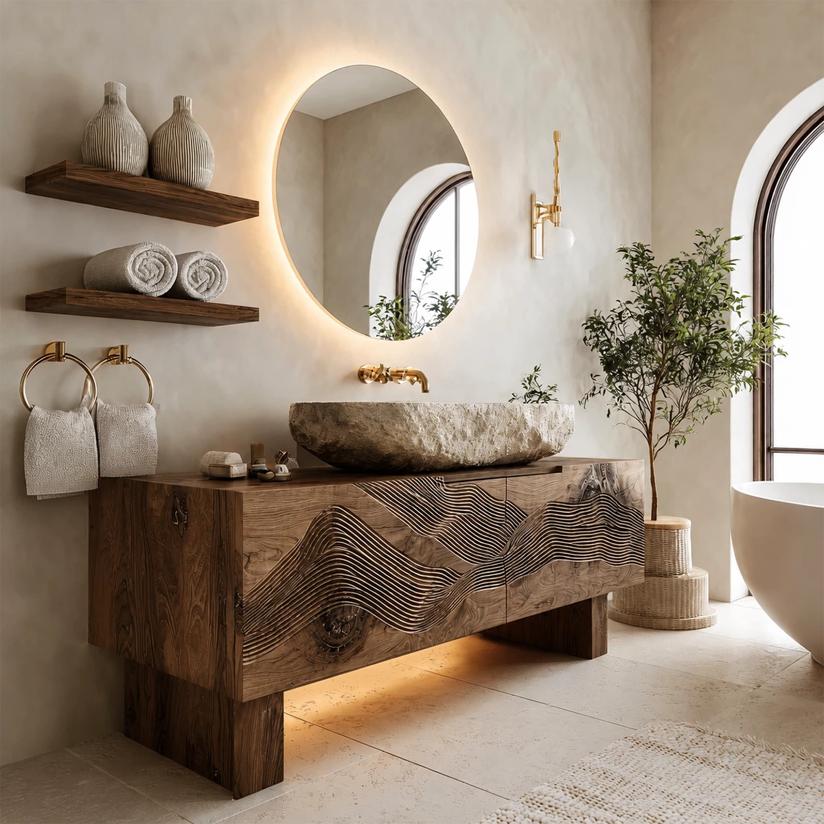 Artistic Bathroom Vanity with Layered Wave Carved Front in Natural Solid Wood - Livewoodcraft - 4