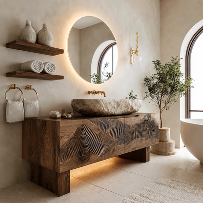 Artistic Bathroom Vanity with Layered Wave Carved Front in Natural Solid Wood - Livewoodcraft - 4