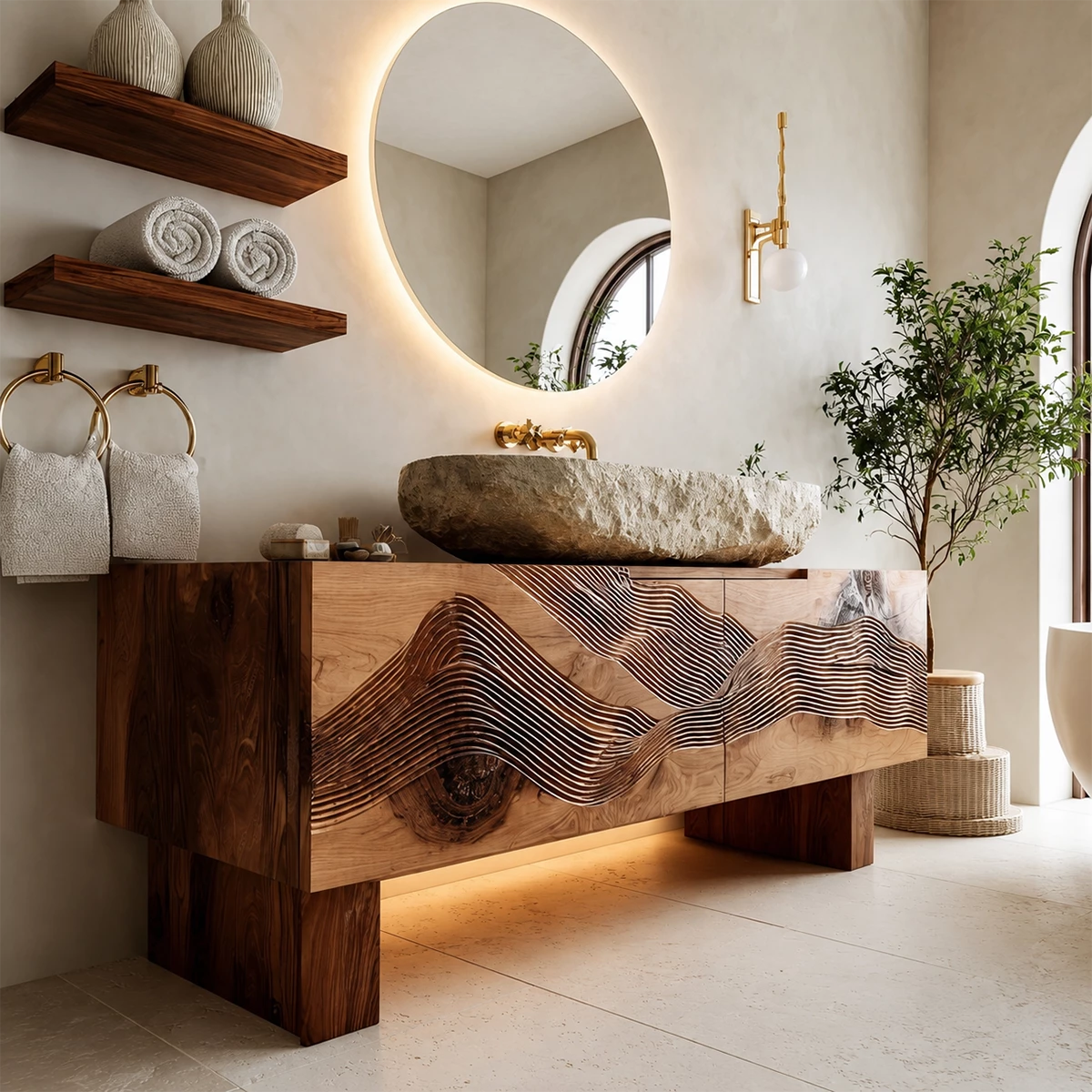 Artistic Bathroom Vanity with Layered Wave Carved Front in Natural Solid Wood - Livewoodcraft - 5