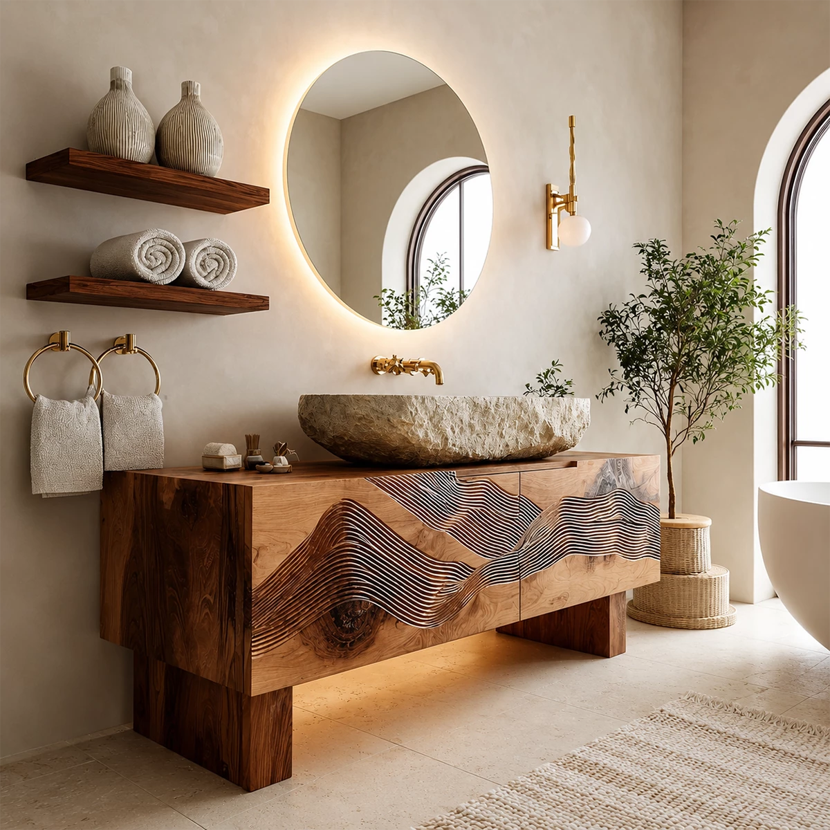 Artistic Bathroom Vanity with Layered Wave Carved Front in Natural Solid Wood - Livewoodcraft - 6