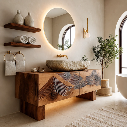 Artistic Bathroom Vanity with Layered Wave Carved Front in Natural Solid Wood - Livewoodcraft - 6