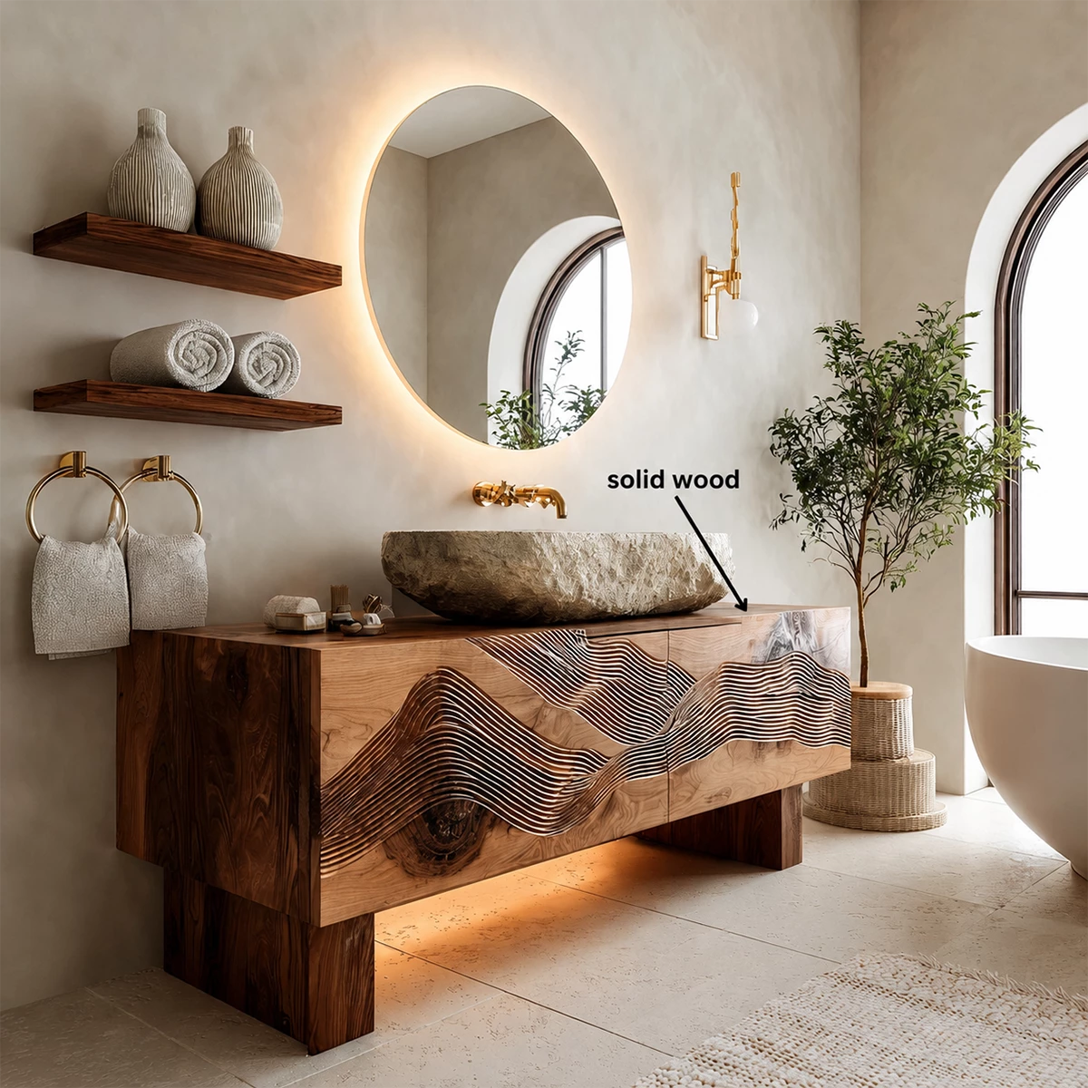 Artistic Bathroom Vanity with Layered Wave Carved Front in Natural Solid Wood - Livewoodcraft - 7