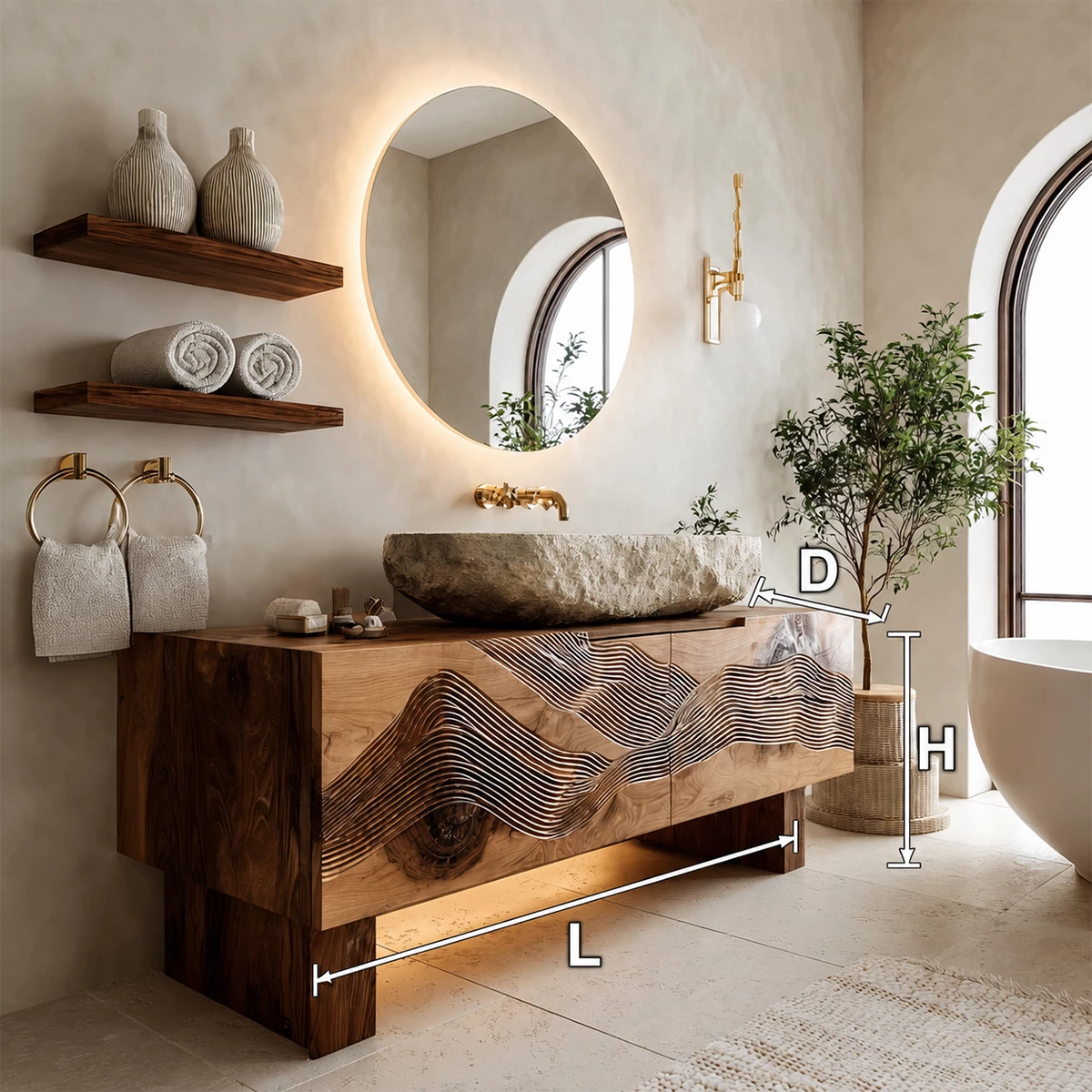 Artistic Bathroom Vanity with Layered Wave Carved Front in Natural Solid Wood - Livewoodcraft - 8