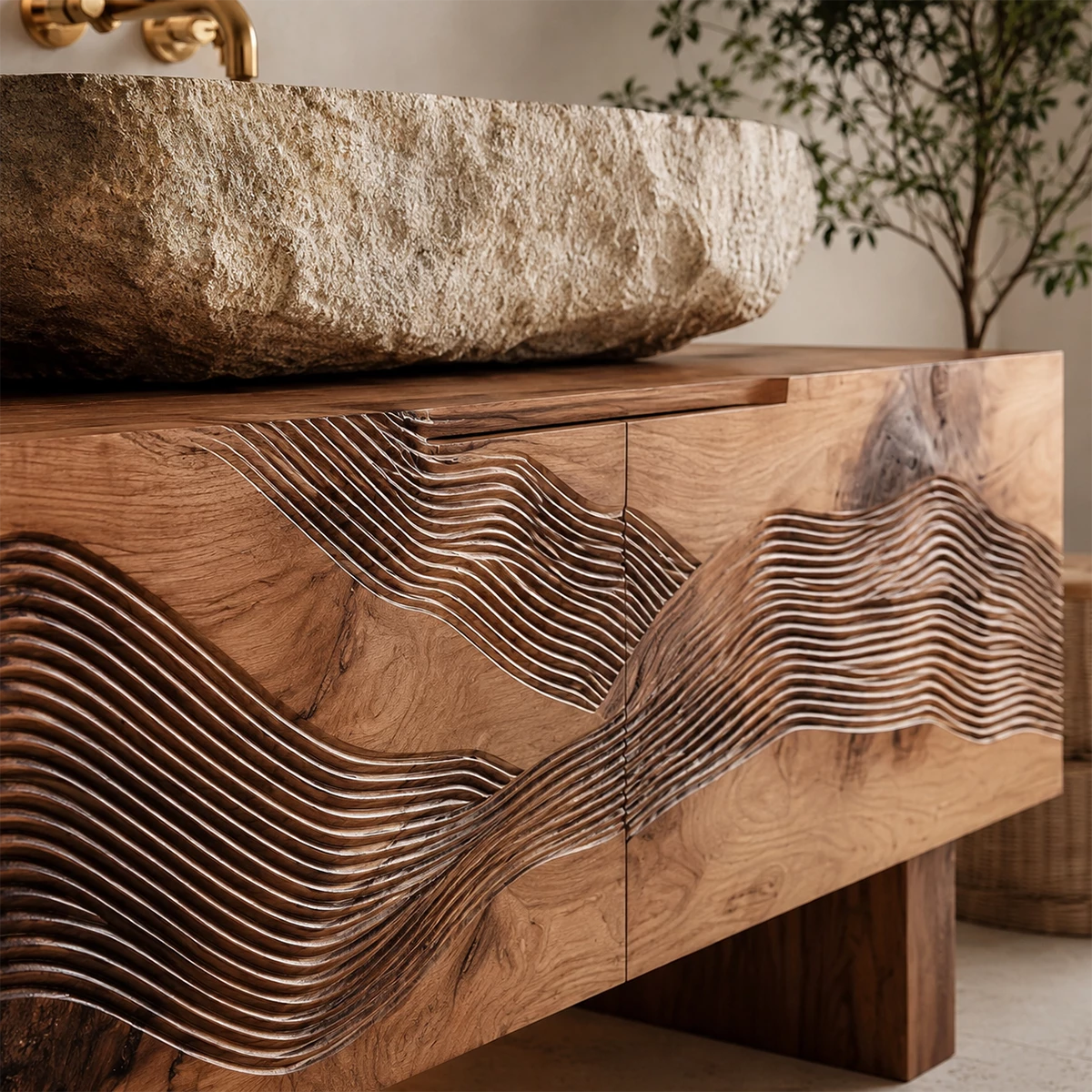 Artistic Bathroom Vanity with Layered Wave Carved Front in Natural Solid Wood - Livewoodcraft - 9