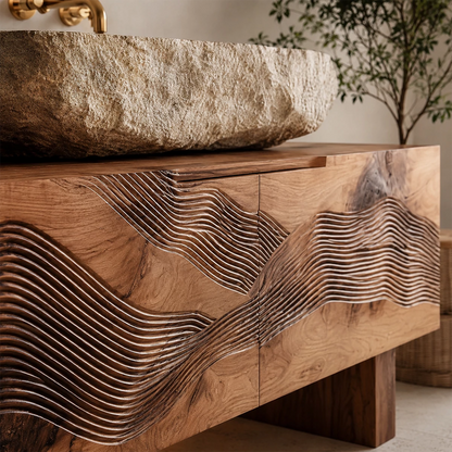 Artistic Bathroom Vanity with Layered Wave Carved Front in Natural Solid Wood - Livewoodcraft - 9