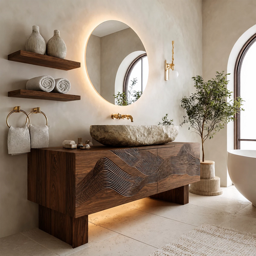Artistic Bathroom Vanity with Layered Wave Carved Front in Natural Solid Wood - Livewoodcraft