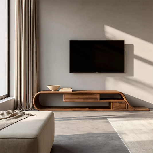Asymmetrical Sculptural Solid Wood TV Stand With Curved Loop Frame, Open Storage And Drawers For Living Room - Livewoodcraft