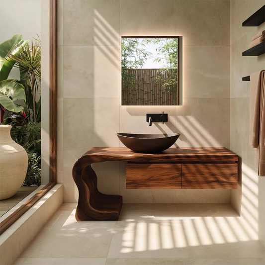 Asymmetrical Solid Wood Bathroom Vanity With Sculptural Curved Side And Floating Drawer Storage - Livewoodcraft