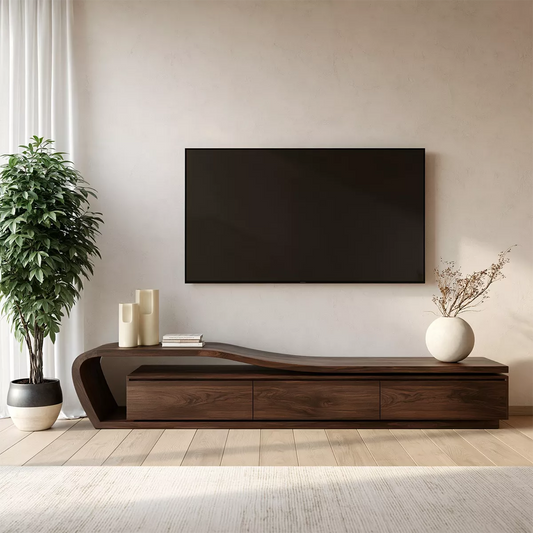 Asymmetrical Solid Wood TV Stand With Curved Open Side Frame And Hidden Drawer Storage For Living Room - Livewoodcraft