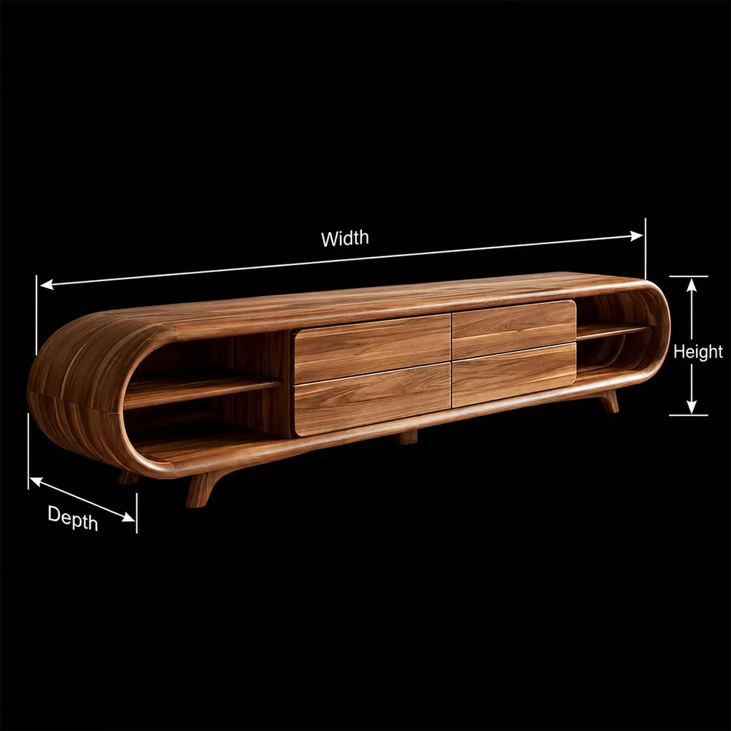 Sculptural Solid Wood TV Stand With Rounded Loop Frame, Open Side Shelves And Multi Drawer Storage For Living Room