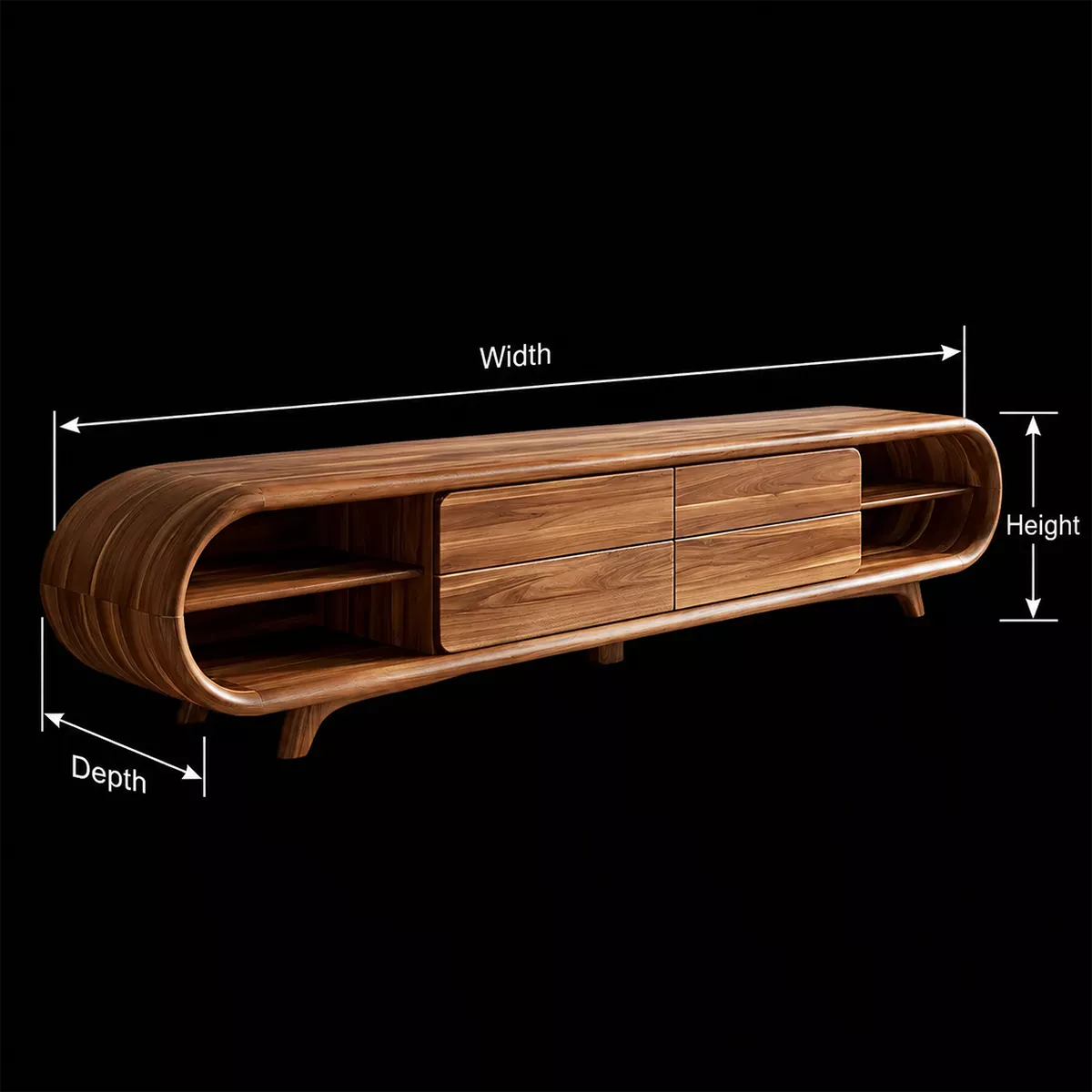 Sculptural Solid Wood TV Stand With Rounded Loop Frame, Open Side Shelves And Multi Drawer Storage For Living Room