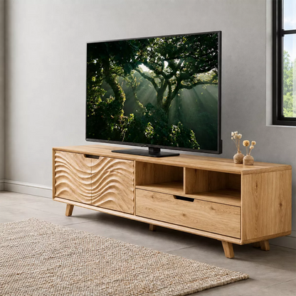 Handcrafted Solid Wood TV Stand With Sculptural Wave Carved Doors And Open Storage Shelves