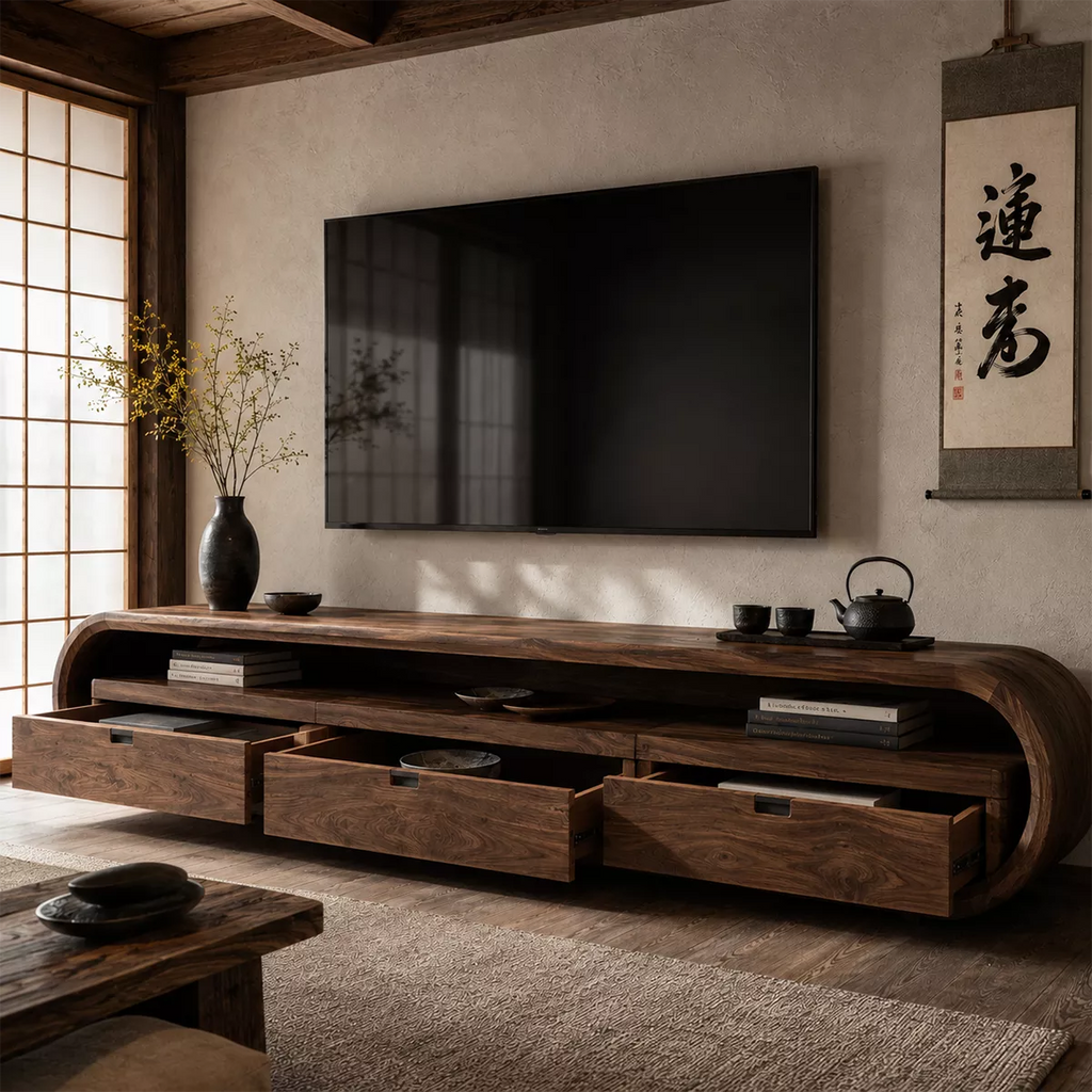 Japandi Solid Wood TV Stand With Rounded Loop Frame, Open Media Shelf And Drawer Storage For Living Room