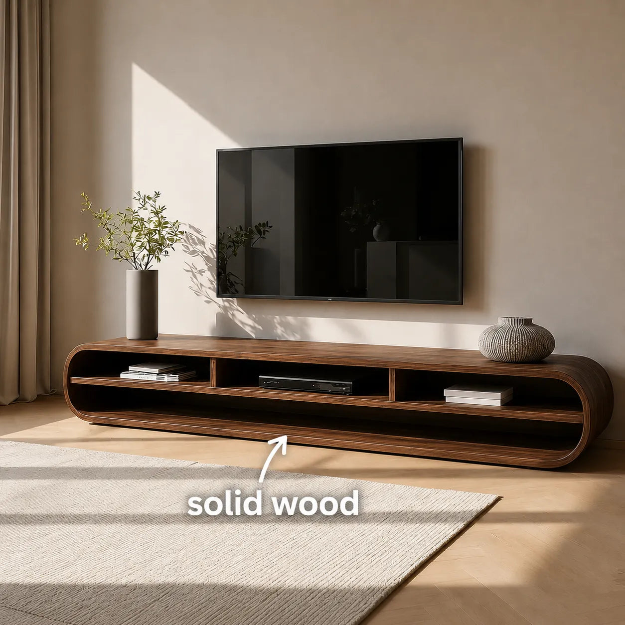 Capsule Natural Solid Wood TV Stand with Long Open Media Shelves - Livewoodcraft - 2