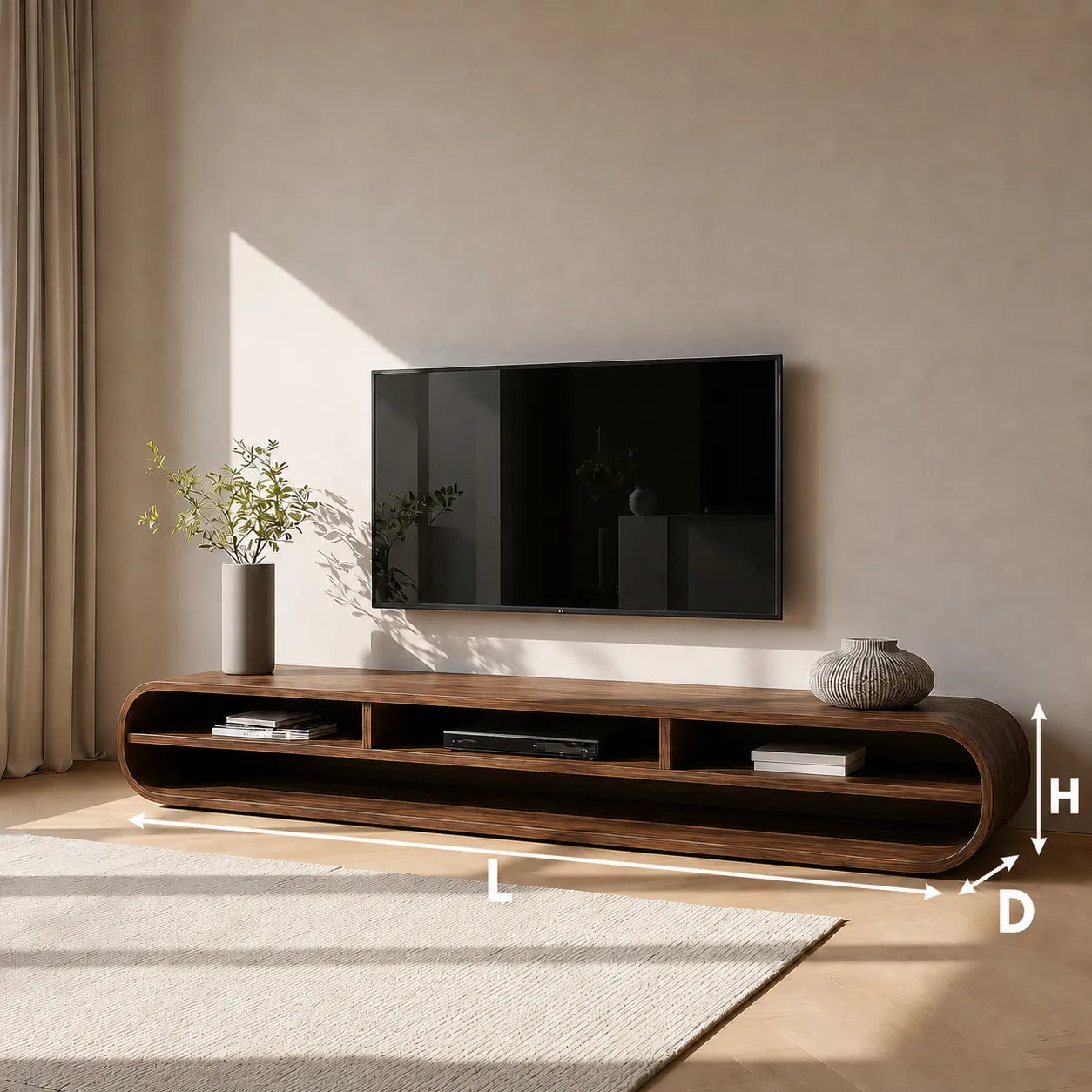 Capsule Natural Solid Wood TV Stand with Long Open Media Shelves - Livewoodcraft - 3