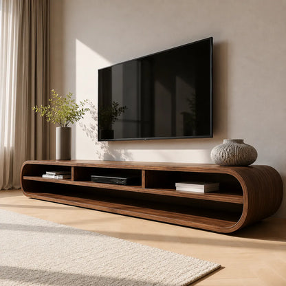 Capsule Natural Solid Wood TV Stand with Long Open Media Shelves - Livewoodcraft - 4