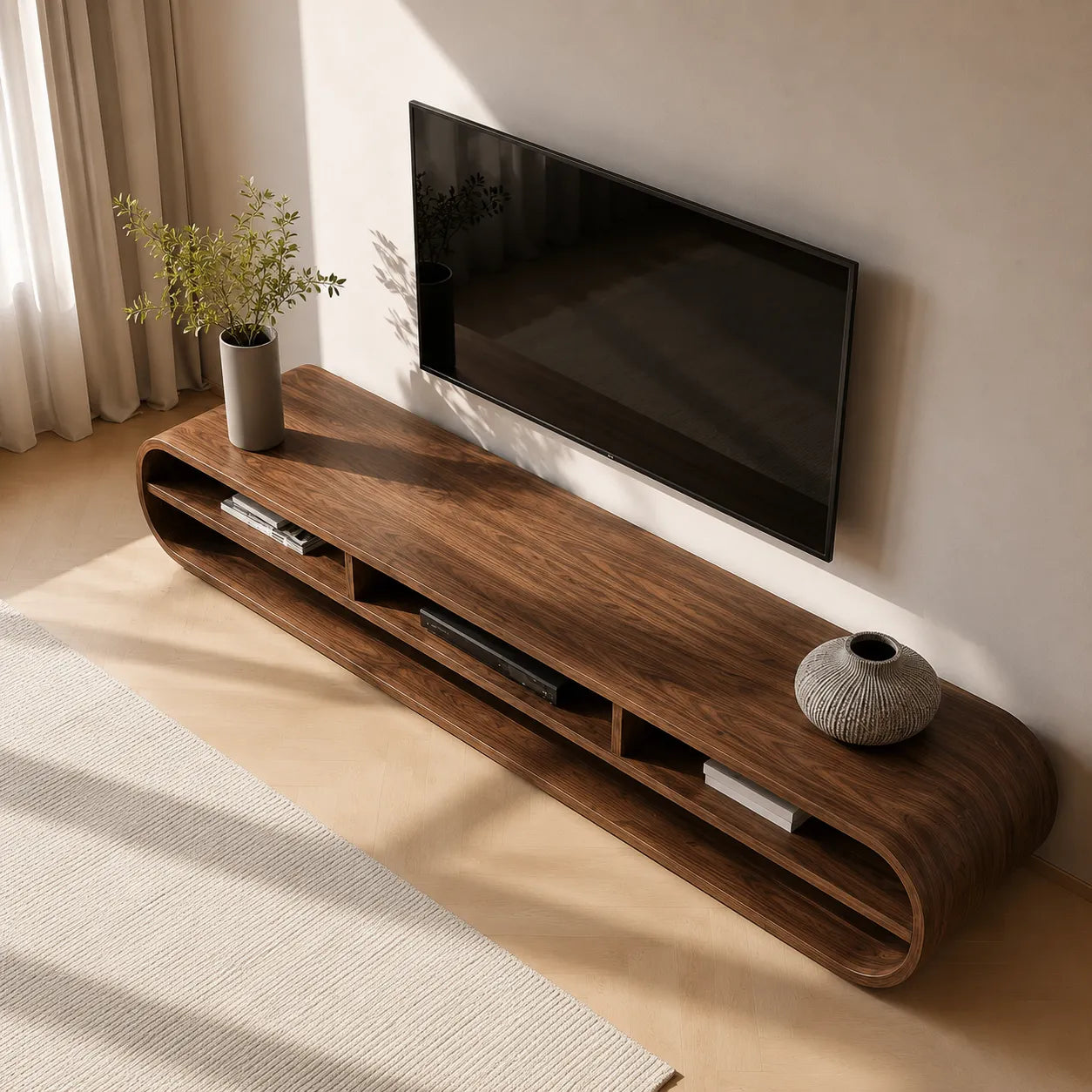 Capsule Natural Solid Wood TV Stand with Long Open Media Shelves - Livewoodcraft - 6