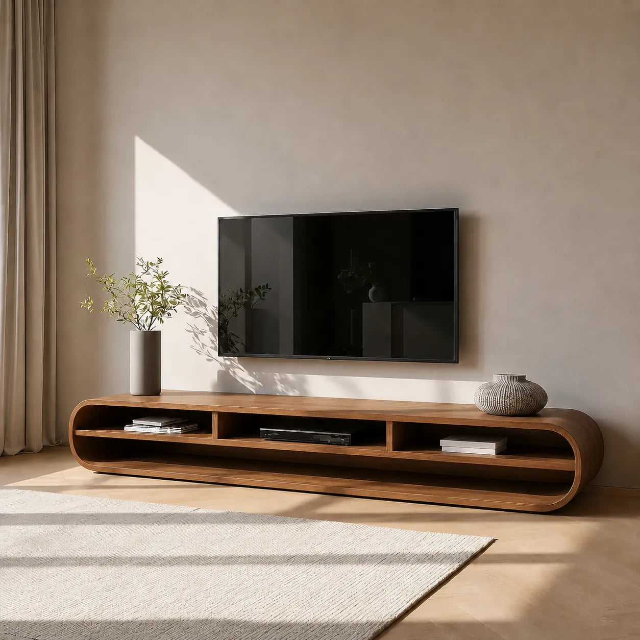 Capsule Natural Solid Wood TV Stand with Long Open Media Shelves - Livewoodcraft - 7