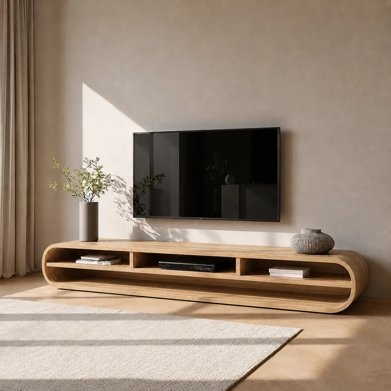Capsule Natural Solid Wood TV Stand with Long Open Media Shelves - Livewoodcraft - 8