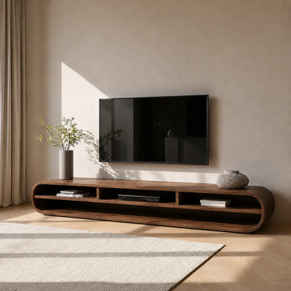 Capsule Natural Solid Wood TV Stand with Long Open Media Shelves - Livewoodcraft - 9