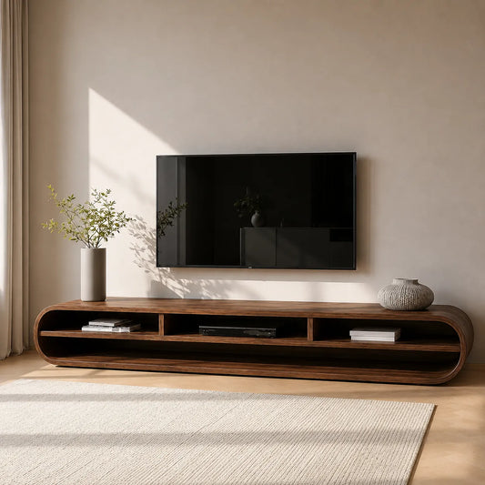Capsule Natural Solid Wood TV Stand with Long Open Media Shelves - Livewoodcraft