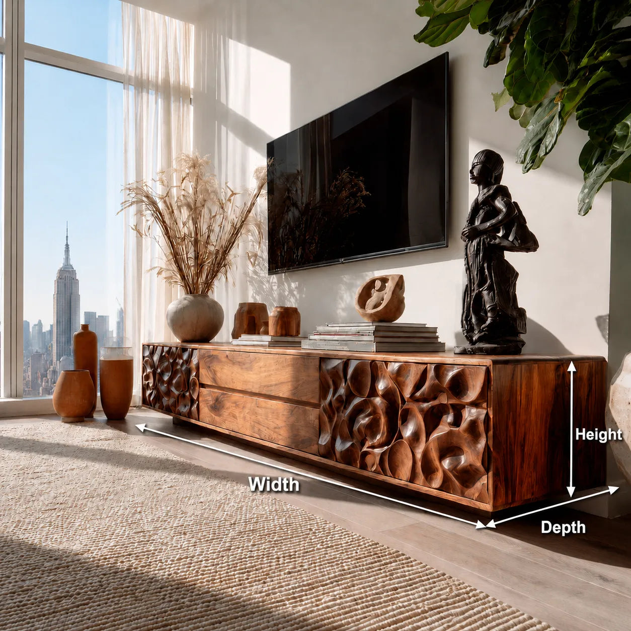 Carved Natural Solid Wood TV Stand with Sculptural Drawer Fronts - Livewoodcraft - 10