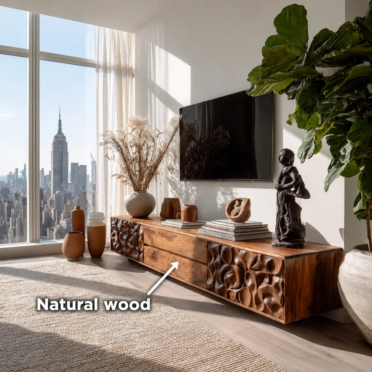 Carved Natural Solid Wood TV Stand with Sculptural Drawer Fronts - Livewoodcraft - 11