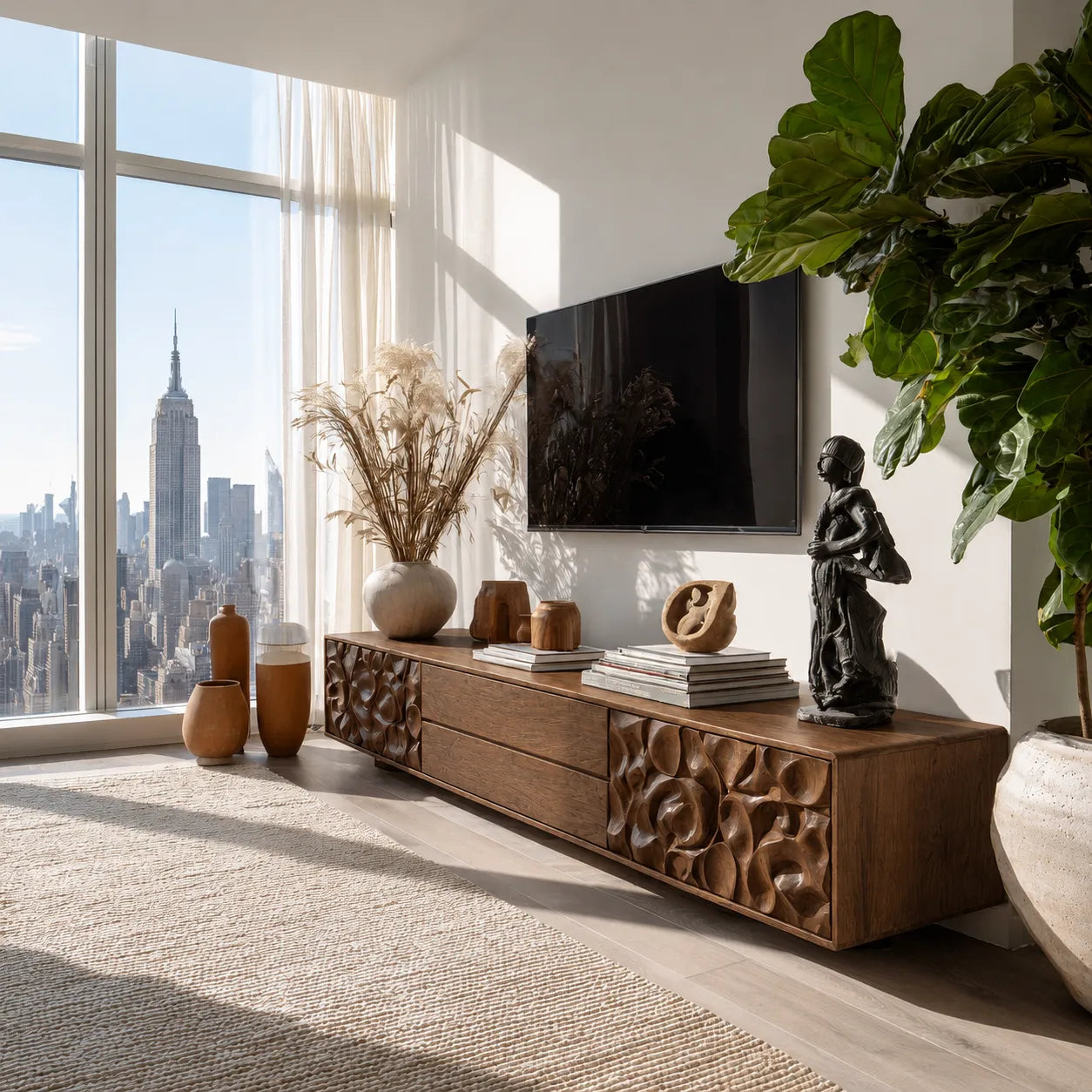 Carved Natural Solid Wood TV Stand with Sculptural Drawer Fronts - Livewoodcraft - 2