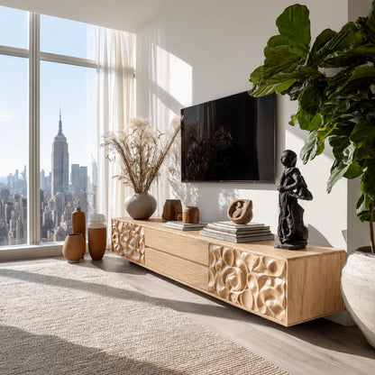 Carved Natural Solid Wood TV Stand with Sculptural Drawer Fronts - Livewoodcraft - 3