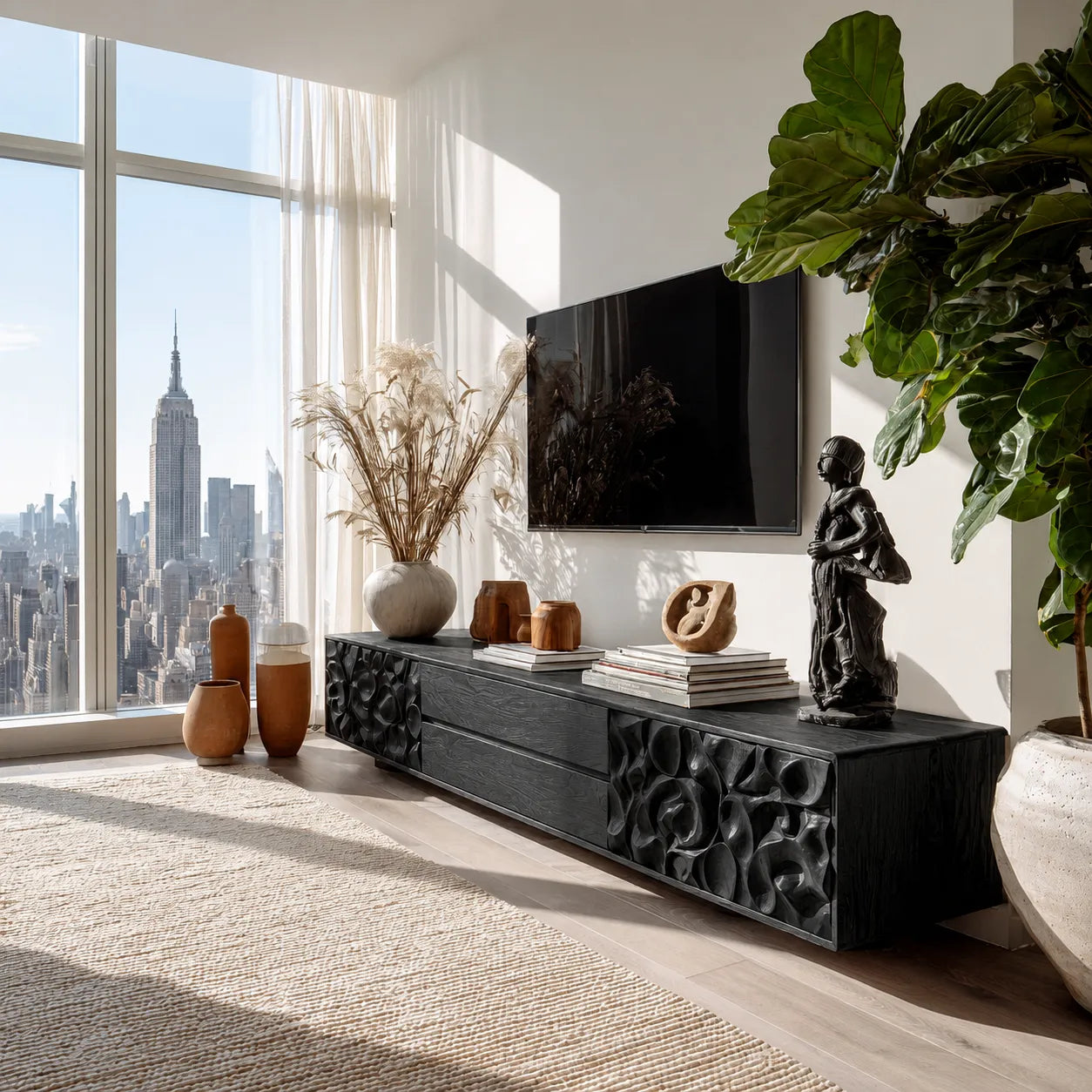 Carved Natural Solid Wood TV Stand with Sculptural Drawer Fronts - Livewoodcraft - 4