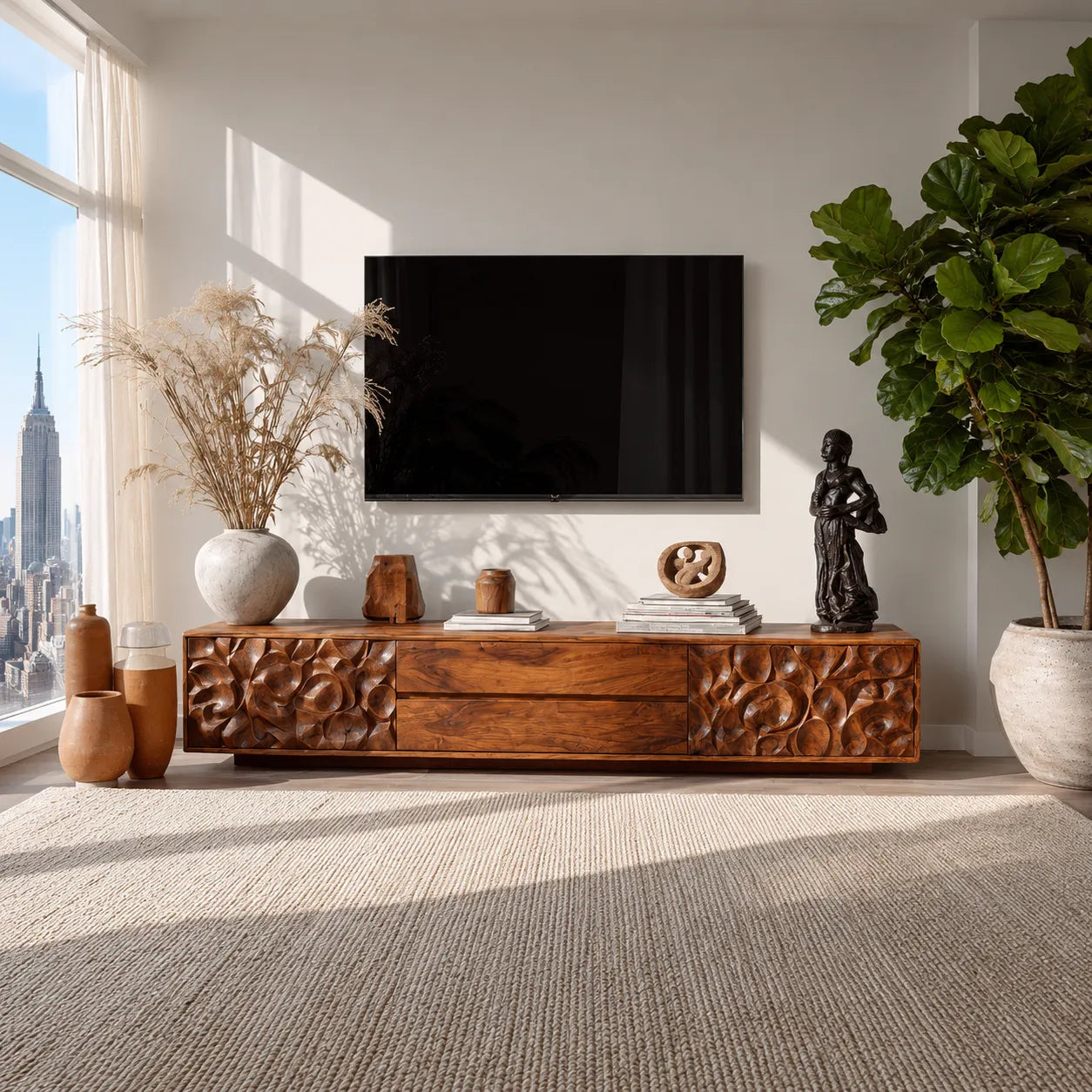 Carved Natural Solid Wood TV Stand with Sculptural Drawer Fronts - Livewoodcraft - 5