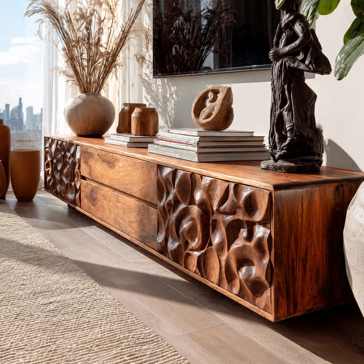 Carved Natural Solid Wood TV Stand with Sculptural Drawer Fronts - Livewoodcraft - 6