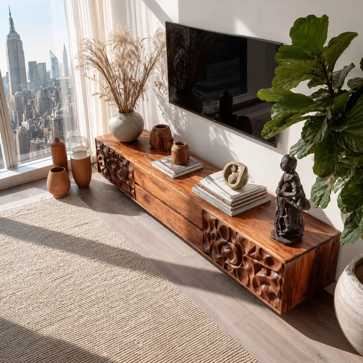 Carved Natural Solid Wood TV Stand with Sculptural Drawer Fronts - Livewoodcraft - 7