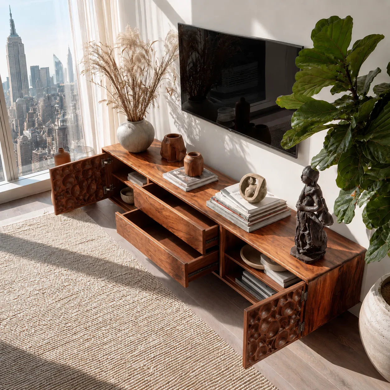 Carved Natural Solid Wood TV Stand with Sculptural Drawer Fronts - Livewoodcraft - 8