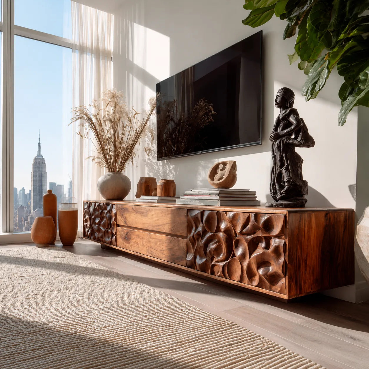 Carved Natural Solid Wood TV Stand with Sculptural Drawer Fronts - Livewoodcraft - 9