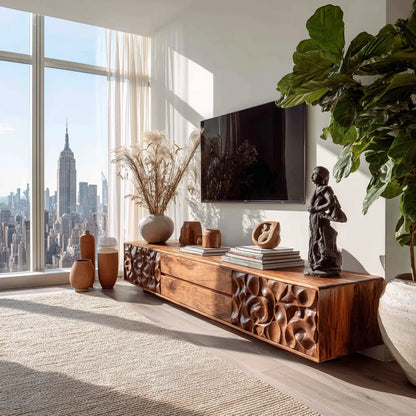 Carved Natural Solid Wood TV Stand with Sculptural Drawer Fronts - Livewoodcraft