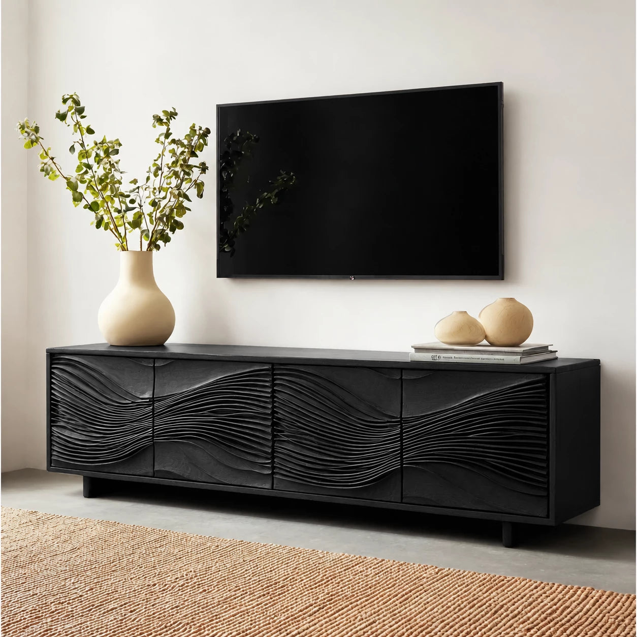 Carved Wave Natural Solid Wood TV Stand with Four Door Storage - Livewoodcraft - 10