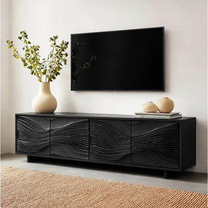 Carved Wave Natural Solid Wood TV Stand with Four Door Storage - Livewoodcraft - 10