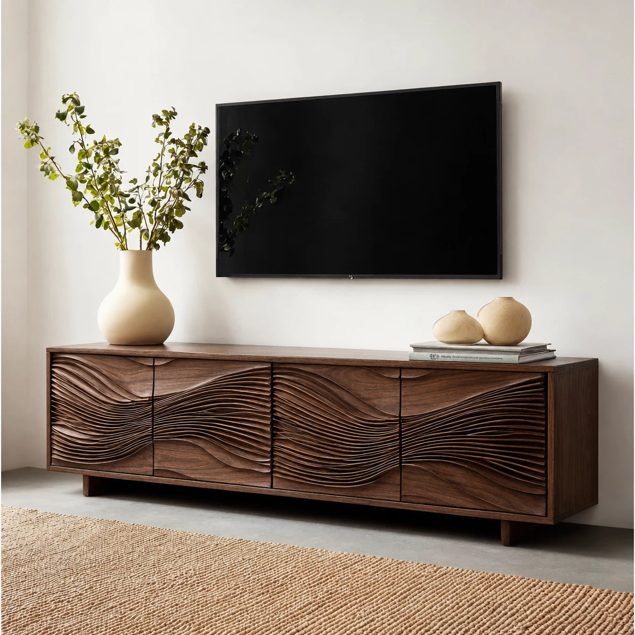 Carved Wave Natural Solid Wood TV Stand with Four Door Storage - Livewoodcraft - 11