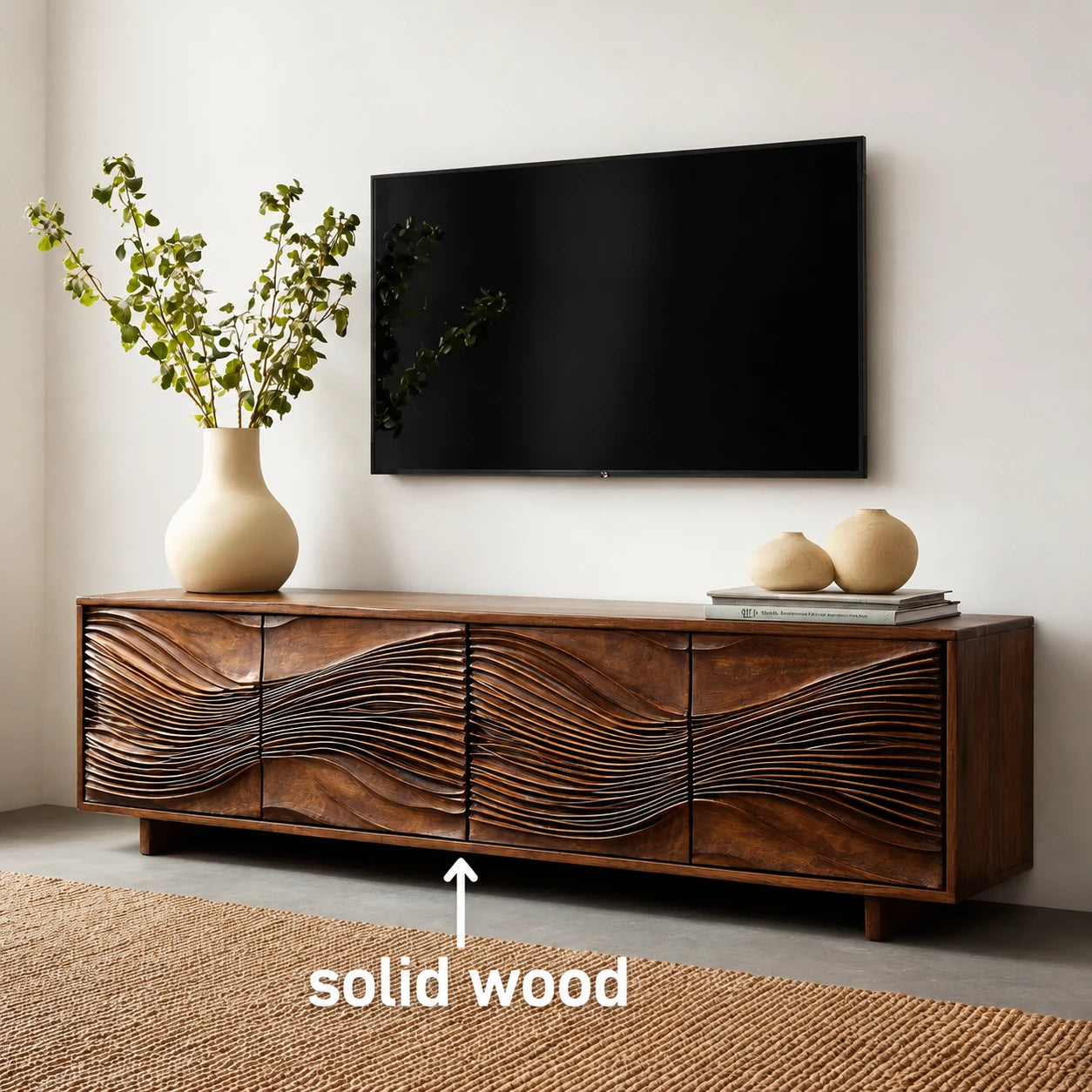 Carved Wave Natural Solid Wood TV Stand with Four Door Storage - Livewoodcraft - 2