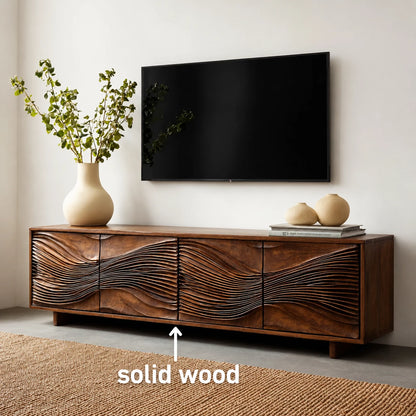 Carved Wave Natural Solid Wood TV Stand with Four Door Storage - Livewoodcraft - 2