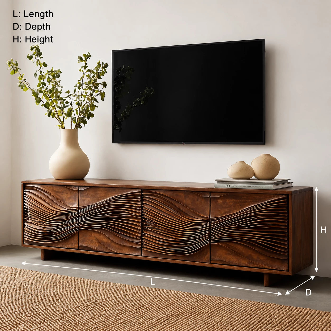 Carved Wave Natural Solid Wood TV Stand with Four Door Storage - Livewoodcraft - 3