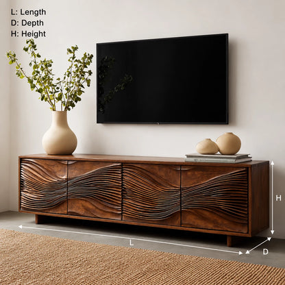 Carved Wave Natural Solid Wood TV Stand with Four Door Storage - Livewoodcraft - 3